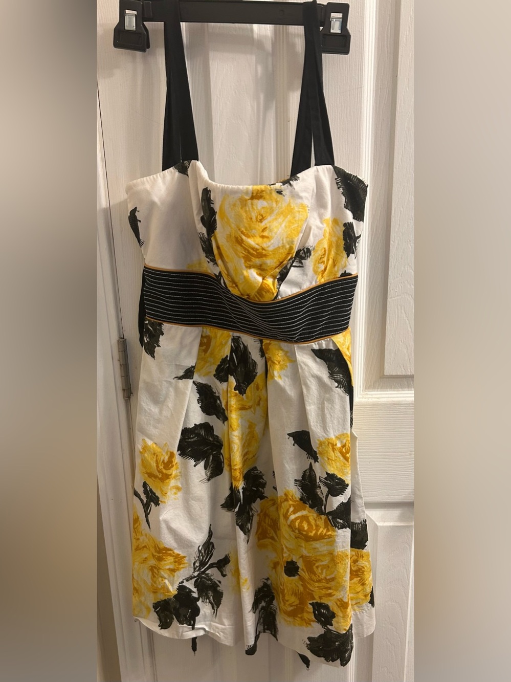 Yellow Rose Print Sundress with Black Accents
